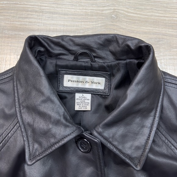 Preston & York Black Genuine Leather Belted Button Up Belt Tie Coat Mid Length L - Picture 2 of 11